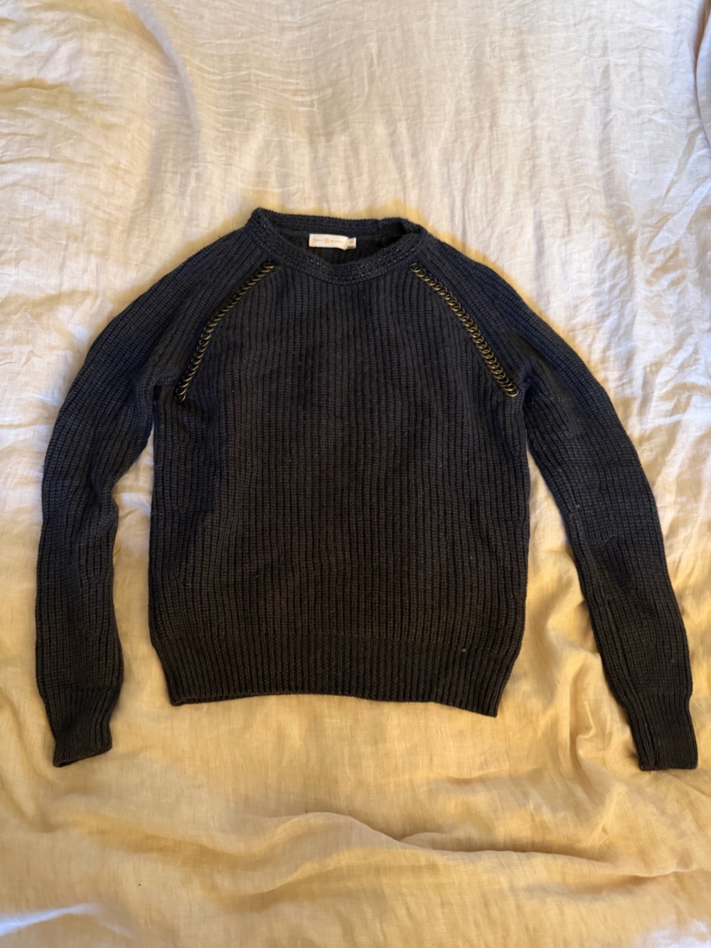 Tory Burch Black Ribbed Crewneck Sweater with Gold Chain Trim